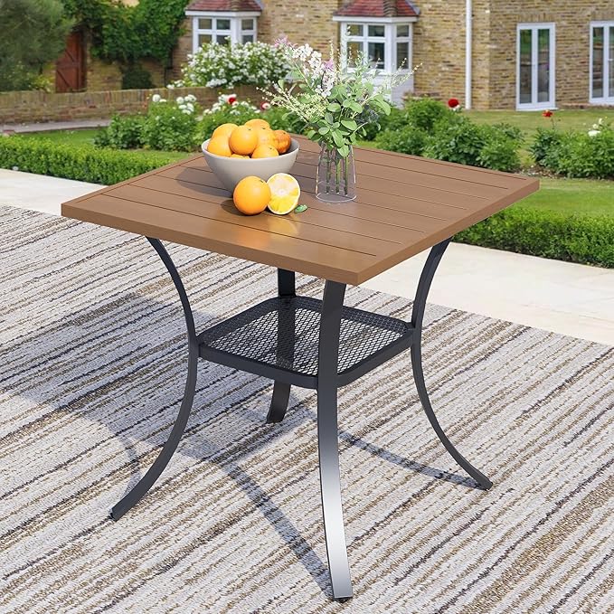 27.6 Square Outdoor Patio Table All-Weather Metal Patio Table with Storage ShelfOutdoor Dining Table for Lawn Garden Porch Walnut