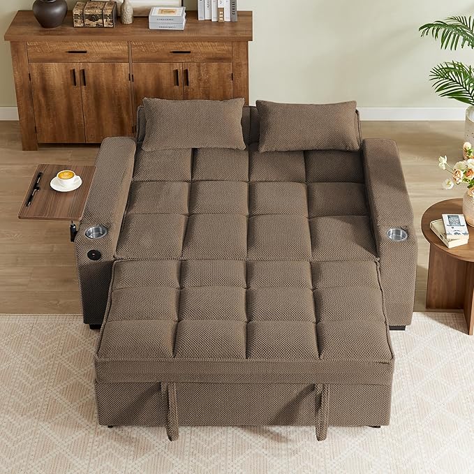 Eafurn Convertible Sleeper Sofa Bed with 360° Swivel Table &amp USB Ports Tufted Chenille Loveseat Pull-Out Couch with Storage Armrest &amp Cup Holders 6-Level Adjustable Backrest