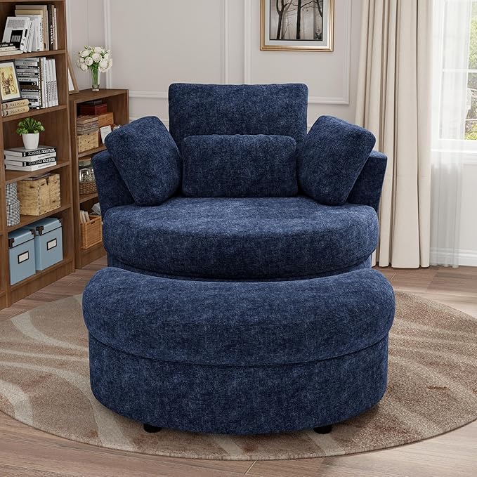 Oversized Swivel Chair and A Half with Ottoman Cozy Round Circle Chair Modern Big Comfy Accent Barrel Chairs with Pillows Comfy Chaise Lounge Adults Reading Armchair for Living Room Bedroom Navy