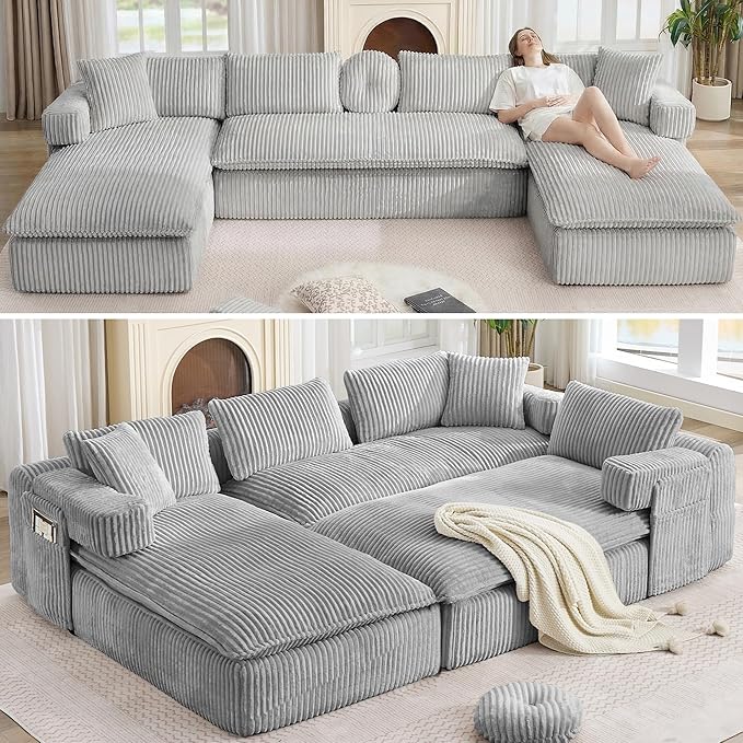 Oversized Cloud Boneless Couch 149 Modular Sectional Sofa with Deep Seat Chaise Fluffy U Shaped Couches for Living Room Comfy Plush Corduroy Sofa with Pillows No Assembly Light Grey