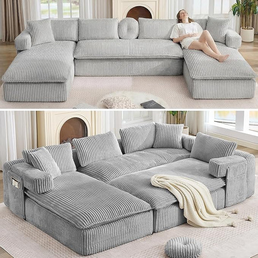 Oversized Cloud Boneless Couch 149 Modular Sectional Sofa with Deep Seat Chaise Fluffy U Shaped Couches for Living Room Comfy Plush Corduroy Sofa with Pillows No Assembly Light Grey