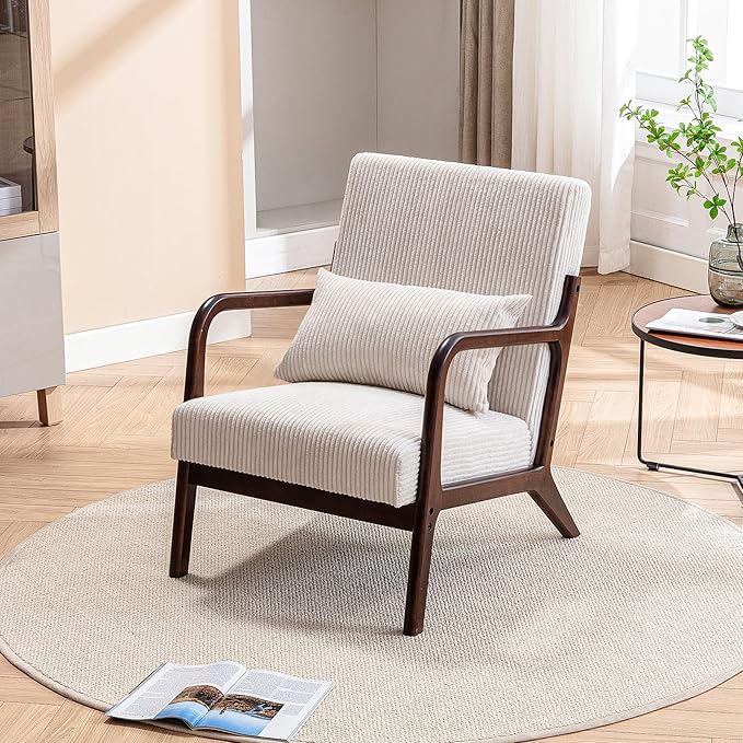 Mid Century Modern Accent Chair Arm Chair Living Room Chairs with Lumbar Pillow Upholstered Lounge Reading Chair with Solid Wood Frame &amp Corduroy Fabrics for Living Room Bedroom (Beige)