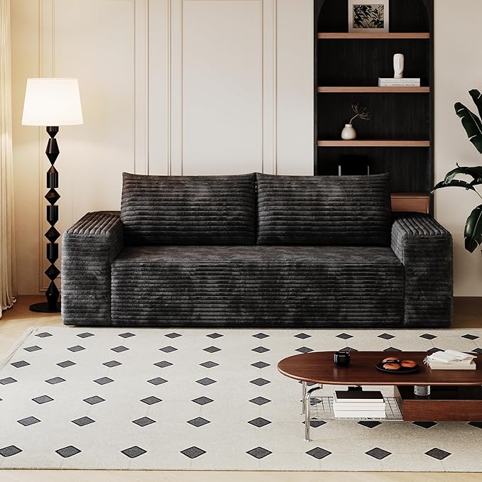 KEIKI 71 Corduroy Loveseat Sofa Deep Seat 3-Seater Couch with Adjustable Arms Comfy Cushions Modern Upholstered Love Seat for Small Spaces No Assembly Required Black