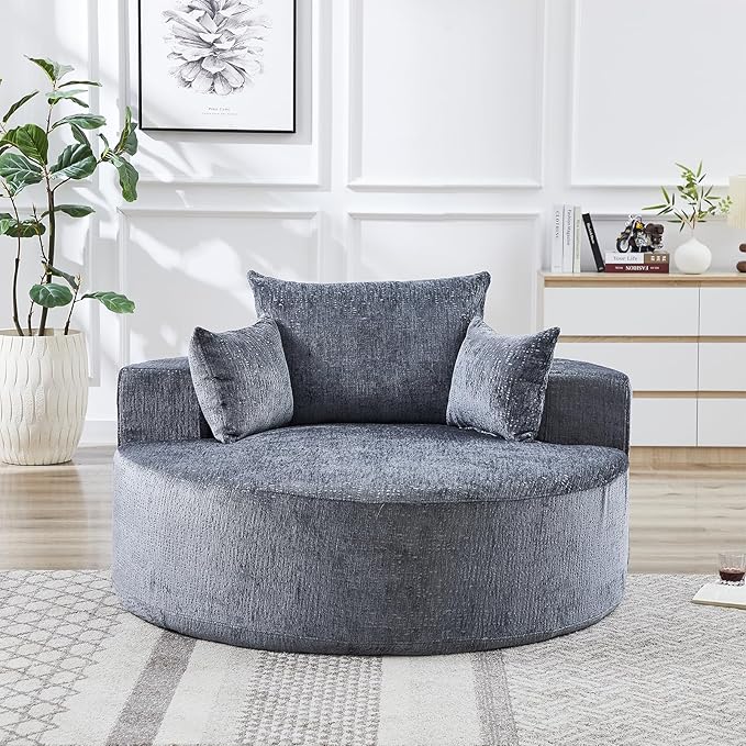 Oversized Round Chaise Lounge Chair Indoor 55W Circle Comfy Armchair with Deep Seat Floor Cloud Boneless Chair Upholstered Modern Cozy Sofa Chairs for Living Room Bedroom(Chenille Grey)