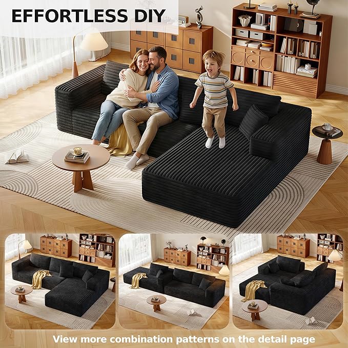 108.2 Modular Sectional Sofa with Deep Seat Boneless L Shaped Corduroy Couch Modern Comfort Cloud Couch Oversized for Living Room No Assembly (Right Facing ChaiseBlack)