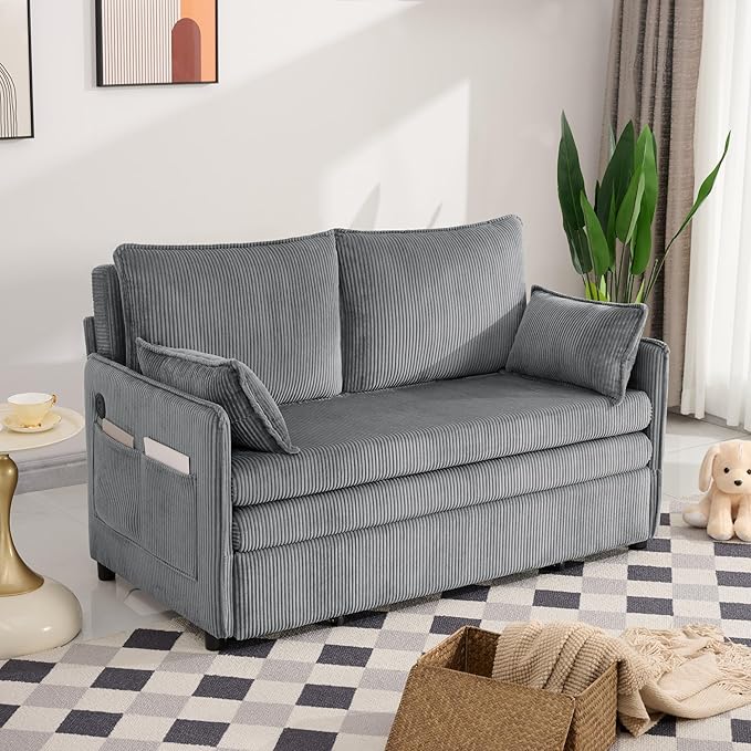 GDFStudio 55 Convertible Sofa Bed 3-in-1 Sofa Bed Couch with Pull Out Design Corduroy Sleeper Sofas with USB Ports &amp Side Pocket Modern Loveseat Sleeper for Living Room Bedroom Small Space Gr