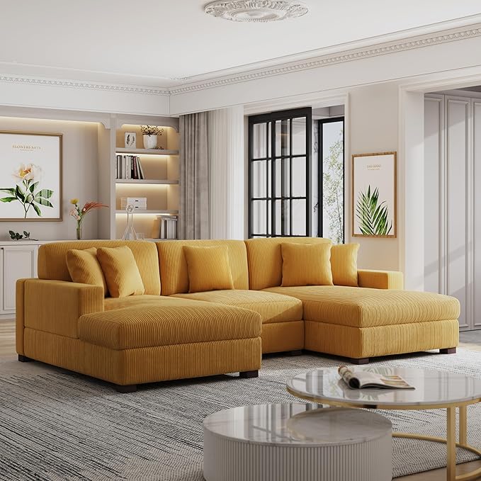 117.8 U Shaped Modular Sectional Sofa with Chaise Comfy Corduroy Fluffy Couch with Deep Seat Flexible Module Combination for Living Room and Office Orange
