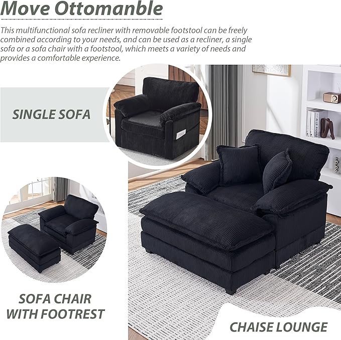 TTK Oversized Chaise Lounge Chair with Ottoman - 39.17 Wide Modern Sleeper Sofa for Living Room Bedroom &amp Office - Deep Seat Sectional Couch with Pillow Comfortable Reading ChairBlack