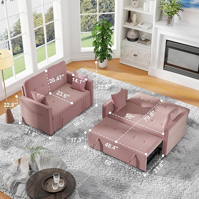 Loveseat Sleeper Sofa Bed Couch: Queen Sleeper Chair Pull Out Bed for Living Room Pink Velvet Couch Beds for Small Spaces 3 in 1 Convertible Sofa with Armrests
