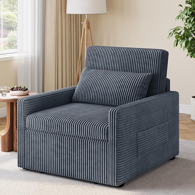 Ahomly 3 in 1 Pull Out Sleeper Chair 75.2 Long Convertible Sofa Bed for Adults Corduroy Armchair Chair Bed &amp Single Sleeper with Pillow for Dorm/Bedroom Dark Grey