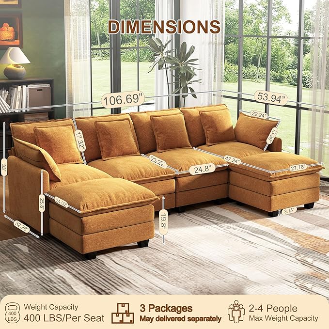 107 Cloud Couch Sectional U Shaped Modular Sectional Sofa 4-Seat Deep Seat Couch with 6 Removable Washable Pillows and 2 Ottoman for Living Room Bedroom Apartment Orange
