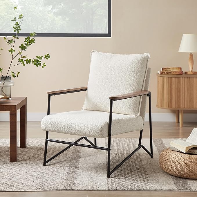 Zouron Fabric Accent Chair Upholstered Single Sofa Chair with Metal Frame Modern Living Room Chair with Wooden Armrests and Cushion Back 1Pcs White