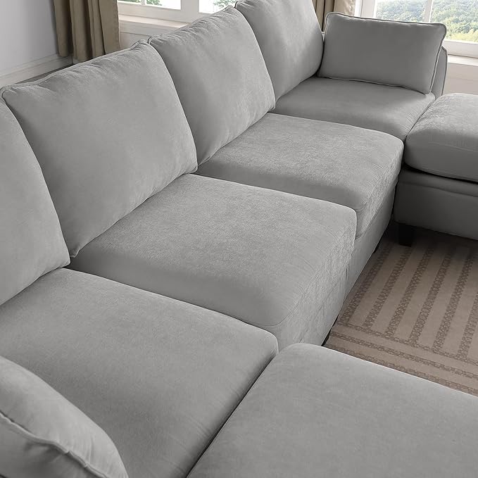U Shaped Sectional Sofa for Living Room 4+2 Modular Chenille Fabric Couch with Storage Solid Eucalyptus Wood Frame Comfortable Modern Sectional