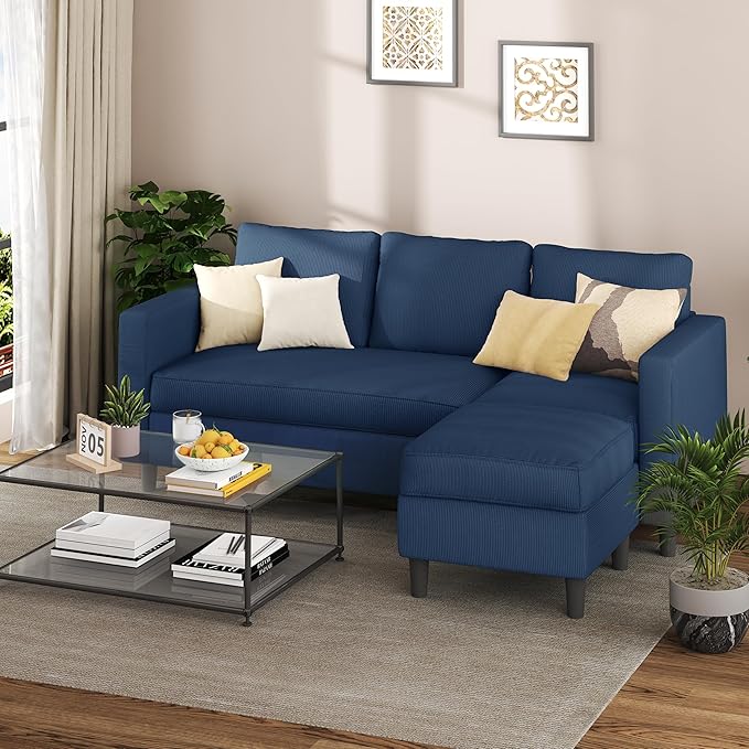 Shintenchi Small Sectional Sofa CouchesL Shape Convertible Sofa with Ottoman3 Seat Comfy Corduroy Upholstered Sofa CouchSmall Couch for ApartmentLiving Room and Office(Blue)