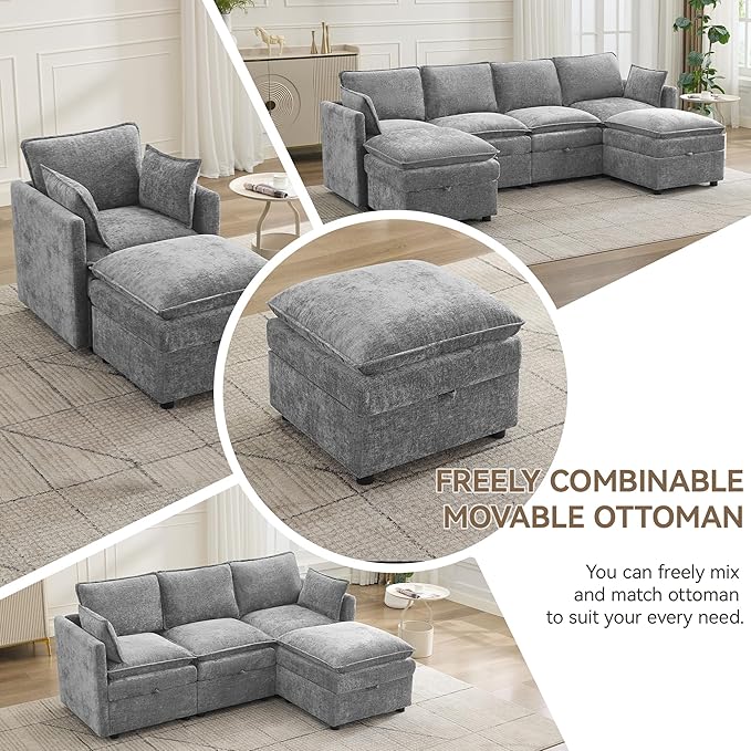 27 Large Square Ottoman with Storage Modern Upholstered Footrest with Anti-Slip Legs for Couch Coffee Table Living Room Bedroom Entryway Chenille Light Grey