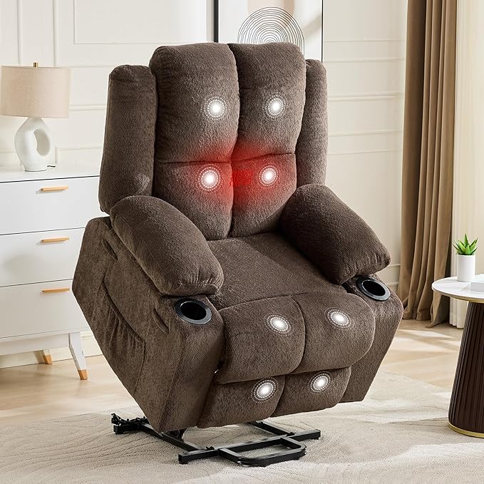 Oversized Power Lift Recliner Chair for Elderly 135° Lay Flat Electric Recliner with Massage &amp Heat Stand Assist Lift Chair with 2 Cup Holders for Living RoomBrown