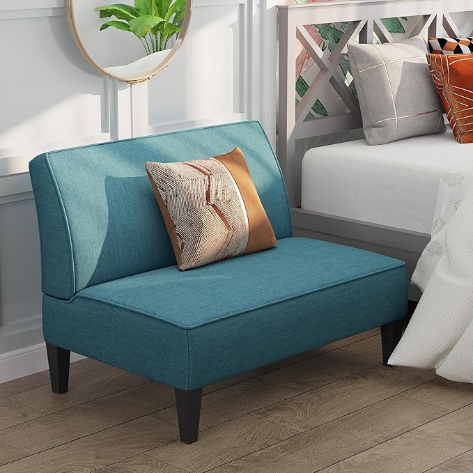 Yongqiang Small Loveseat Mini Sofa Couch Accent Upholstered Bench with Back Living Room Bedroom Office Armless Love Seat Settee Blue