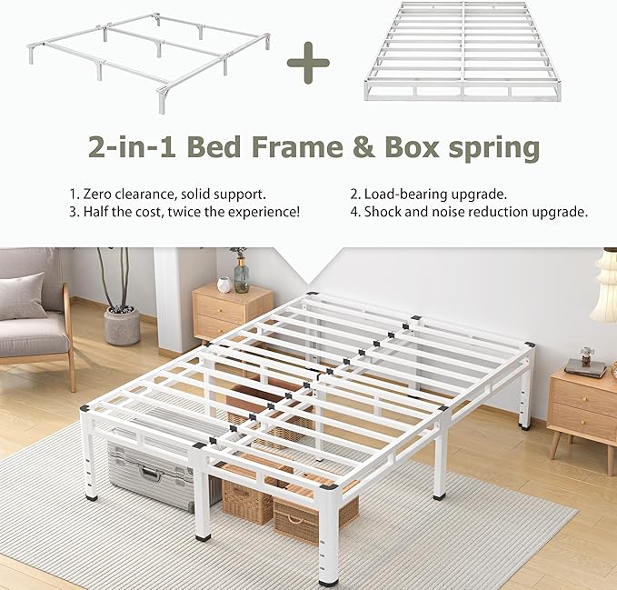 NKZ 20 Inch Full Size Bed Frame Metal Bed Frame &amp Box Spring 2 in 1 Platform with Round Corner Legs 4000lbs Weight Capacity Reinforced Metal Frame Headboard Hole Noise-Free Easy Assembly.