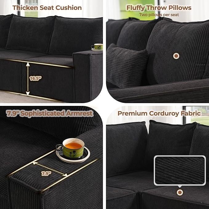 Luxuly Modular Sectional Corduroy Sofa Set L Shaped Couch Reversible Chaise Modular Sectional Couch Mix and Match Pieces Right Armrest Sofa Black