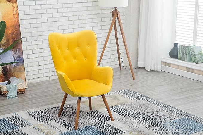 Roundhill Furniture AC155YL Doarnin Silky Velvet Tufted Button Accent Chair Yellow 30D x 41.5W x 26.8H in