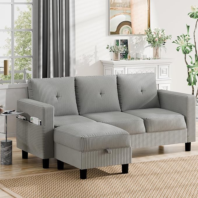Nuturelly Sectional Sofa Couch Convertible L Shaped Sofas with Storage Ottoman Small Sectional Couches for Living Room 3 Seater Couch with Linen Fabric for Small Spaces Light Gray