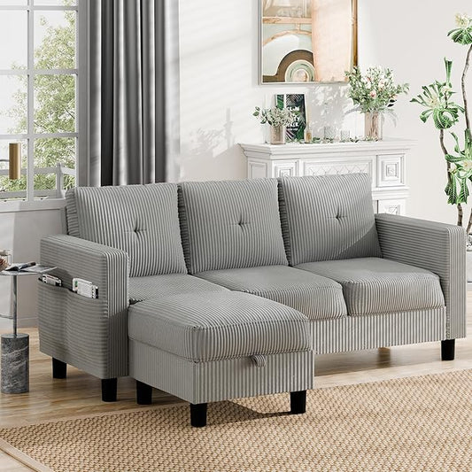 Nuturelly Sectional Sofa Couch Convertible L Shaped Sofas with Storage Ottoman Small Sectional Couches for Living Room 3 Seater Couch with Linen Fabric for Small Spaces Light Gray