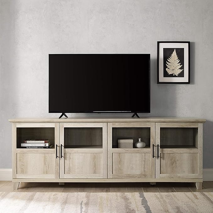Walker Edison Farmhouse Glass and Wood TV Stand for TV's up to 80 Universal TV Stand for Flat Screen Living Room Storage Cabinets and Shelves Entertainment Center 70 Inch White Oak