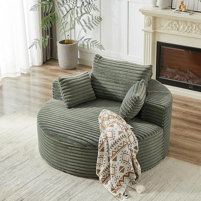 Oversized Round Chaise Lounge Chair Indoor 55W Circle Comfy Armchair with Deep Seat Floor Cloud Boneless Chair Upholstered Modern Cozy Sofa Chairs for Living Room Bedroom(Corduroy Green)