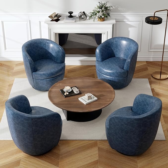 Swivel Barrel Chair Modern Round PU Leather Accent Armchair for Living Room Bedroom Comfy Club Reading Chairs for Adults (Leather Navy Blue Set of 2)