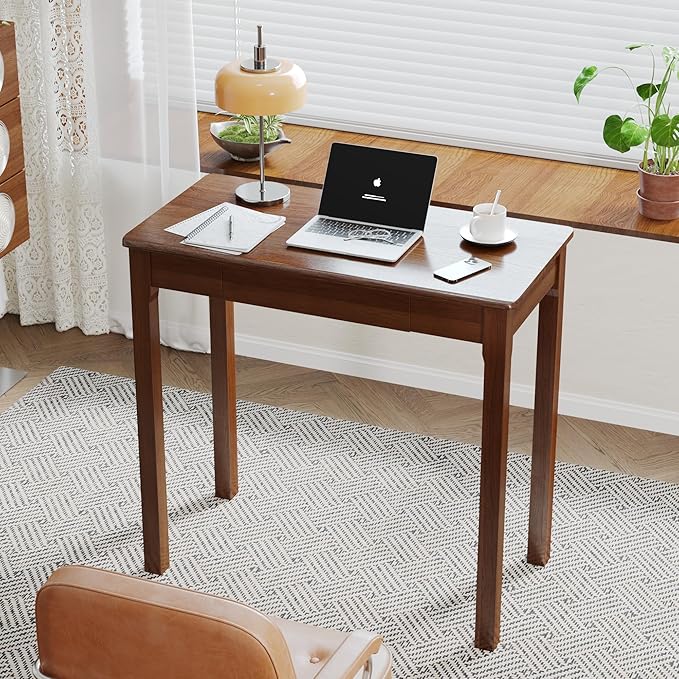 Solid Wooden Desk with Drawers - 32 x 16 Inch Narrow Desks Rubberwood Mid Century Modern Desks Small Writing Desk for Bedroom|Small Spaces - Walnut Color