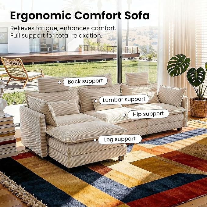 FUFU&ampGAGA 112” L Shaped Sectional Couch with Ottoman for Living Room Corduroy Cloud Sofa with Headrest &amp Pillows Modern Deep Seat Sofa Couch Assembly Required Beige 112.2”W x 50.8”D x 41.