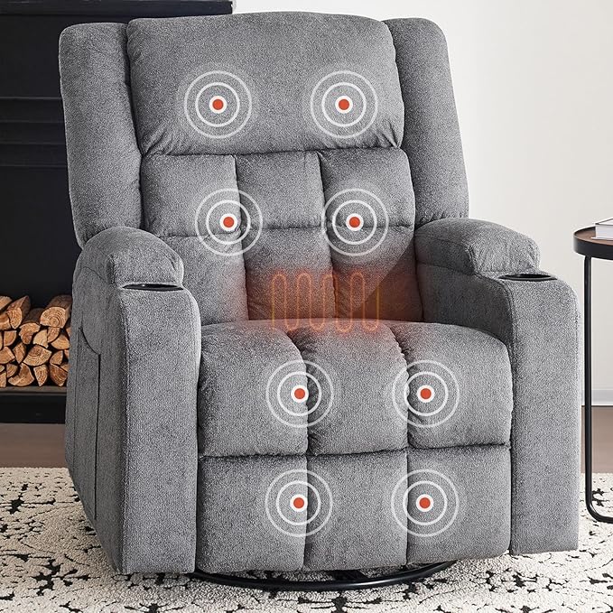 Furnimart 360° Swivel Rocker Recliner Chair for Adult Manual Recliner Chair with Massage and Heat Chenille Glider Rocker Chaise Lounge for Living Room Bedroom Home Theater (Gray)