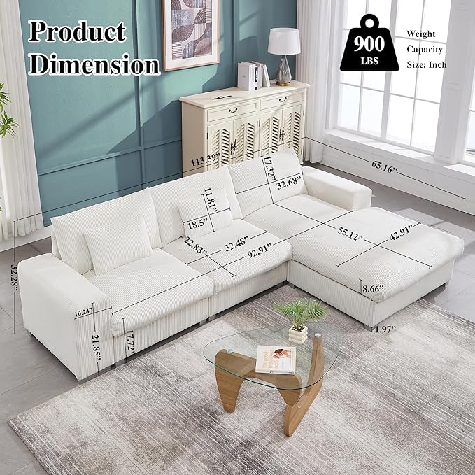 113 Inch Modular Sectional SofaModern l-Shaped Deep Seats Corduroy CouchSponge Couches with Chaise Lounge for Living Room Or Bedroom (White)