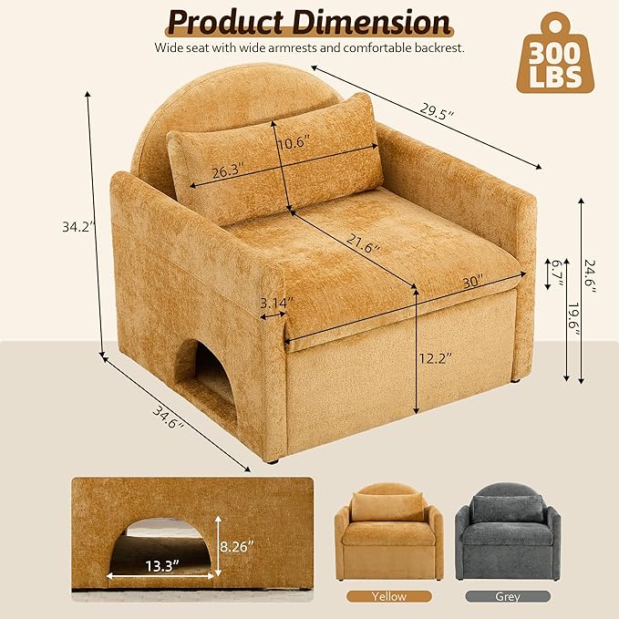 Oversized Modern Accent Chair Armchair with Cat House 36.2 W Living Room Chairs Single Sofa Chair Mid-Century Upholstered Accent Solid Wood Legs Bedroom Yellow