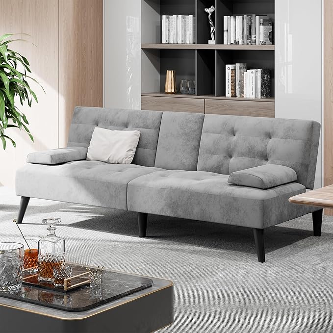 Shintenchi Futon Sofa Bed Velvet Foldable Couch Reclining Sleeper with Removable Armrests Upholstered Loveseat Sofa Couch with Folding Cup Holders for Home Office Light Gray