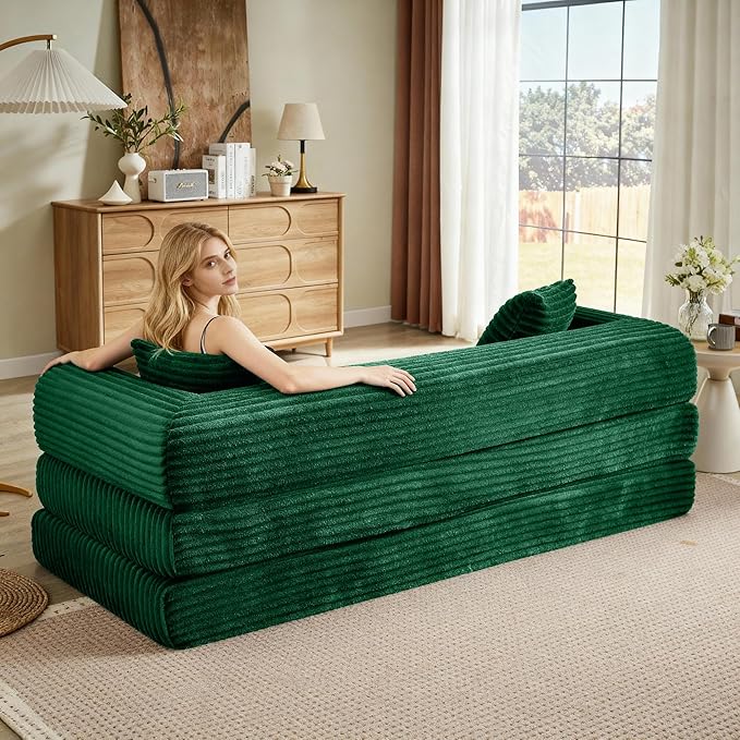 Boneless Couch Versatile Couches for Living Room No-Install Sofa Bed Corduroy Futon Soft Cloud Couch with Pillows for Bedroom Game Movie (Green)