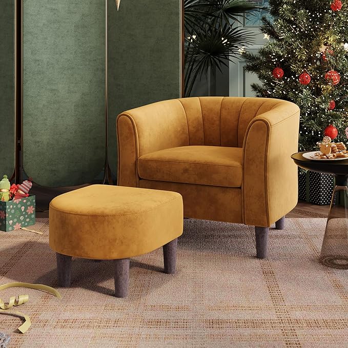 LINSY Accent Chair with Ottoman Modern Armchair Comfy Barrel Reading Chair with Footrest for Living Room Bedroom Reading Room Velvet Yellow