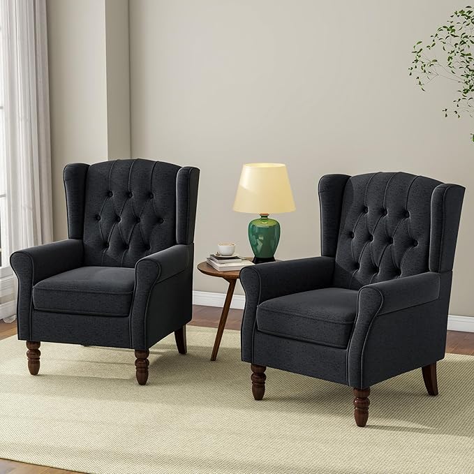 Accent Chair Upholstered Armchair with Button Tufted High Back &amp Solid Wood Legs Comfy Wingback Reading Single Sofa Chair for Small Spaces Living Room Bedroom (Blue Set of 1)