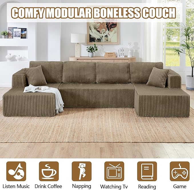 132 Boneless Sectional Cloud Couch Sofa for Living Room U-Shaped Couch with Double Chaise Lounge Comfy Memory Foam Modular Sofas Couches for Living Room (Brown 132.48 U-Shaped)