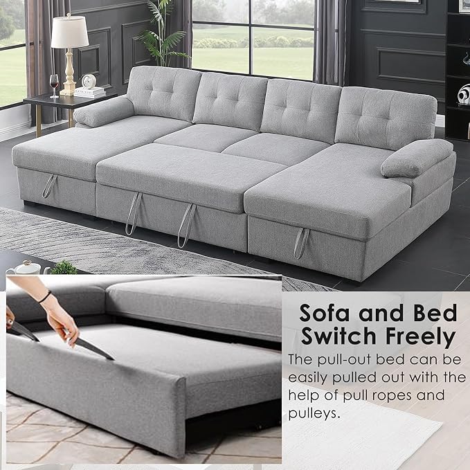 BEEY Sectional Sleeper Sofa 120 Oversized Couch Bed 4 Seat Sofa Bed U Shaped Sectional Couch with Pull Out Bed and Double Storage Chaise for Living Room Bedroom Light Grey