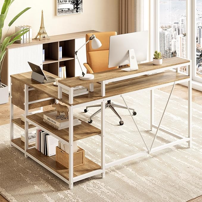 LITTLE TREE 55-Inch L-Shaped Computer Desk Reversible Computer Desk with Drawers and Storage Shelves Corner Desk Gaming Desk Work Desk for Home Office Walnut