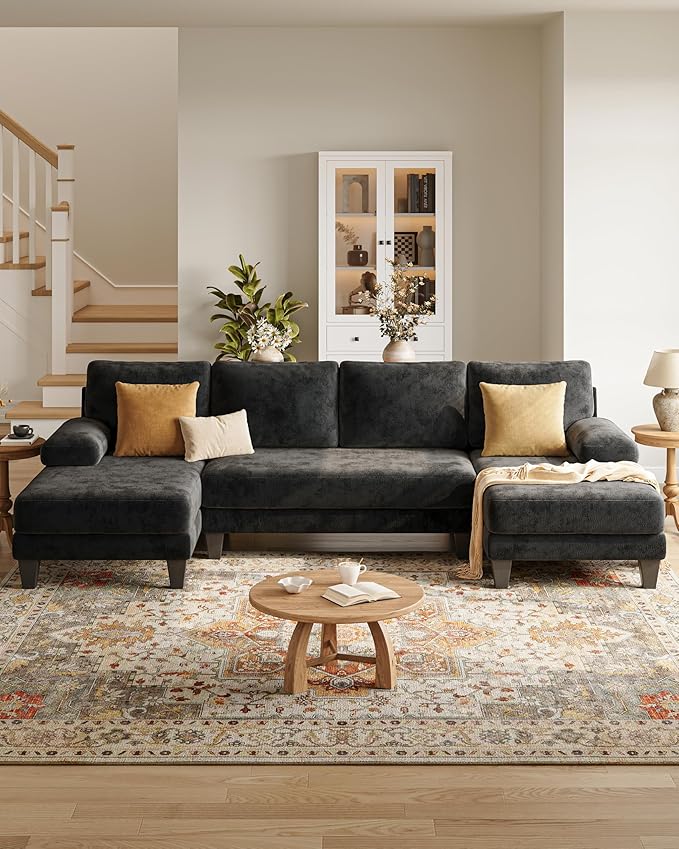 U-Shaped Sectional Couches for Living Room | Cheille Sofa with Double Chaise | 112 Inch Black Sectionals Couch for Apartment