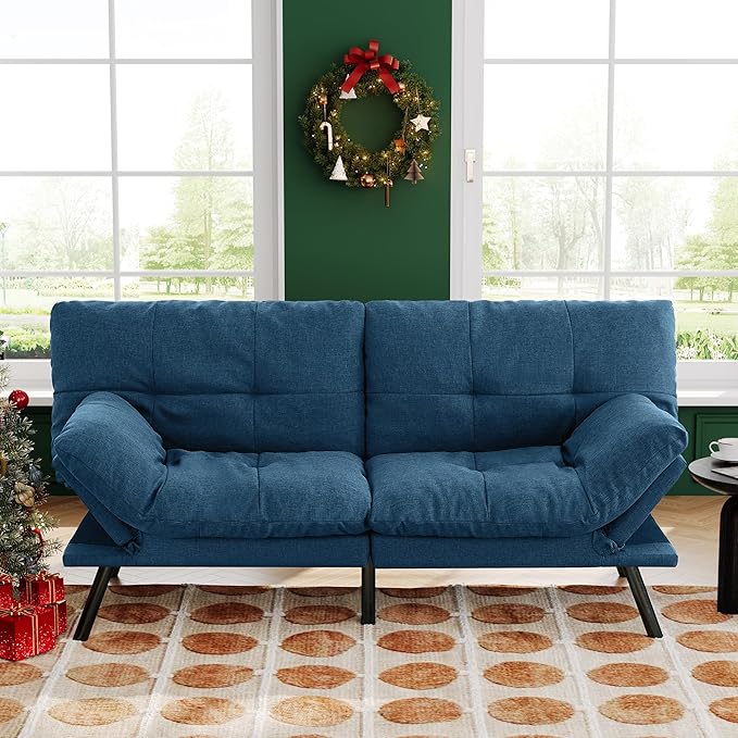 Convertible Futon Sofa Bed71 Modern Fabric Futon Couch with Adjustable Backrest&ampArmrestSmall Loveseat Sleeper SofaDorm Futonsofa for ApartmentLiving RoomDetachable CushionsNavy Blue