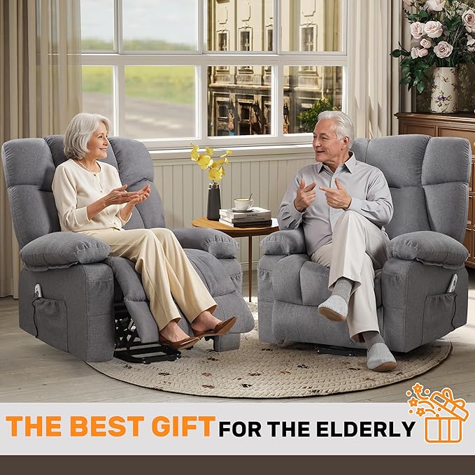 Power Lift Recliner Chair for Elderly Big and Tall Lift Chair with Massage and Heat for Living Room Fabric Electric Recliner Chairs with 4 Side Pockets USB Charge PortGrey