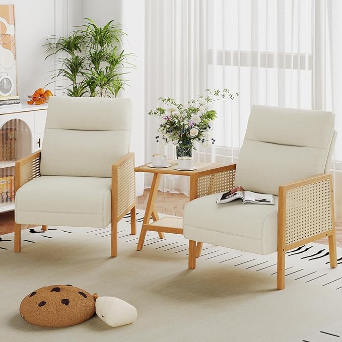 Andeworld Ivory Accent Chairs Set of 2Upholstered Modern Living Room Chairs with Natural Rattan ArmSide Chair for Bedroom Club Balcony Reception Room