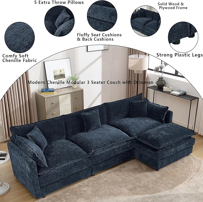 Setawix Deep 3 Seater Couch with Ottoman112.2 L-Shaped Cloud Couches for Living RoomChenille Cloud Sofa Couch with Deep SeatModular Sectional L Shape 3 Seat Sofa for Bedroom. (Blue 3+1)