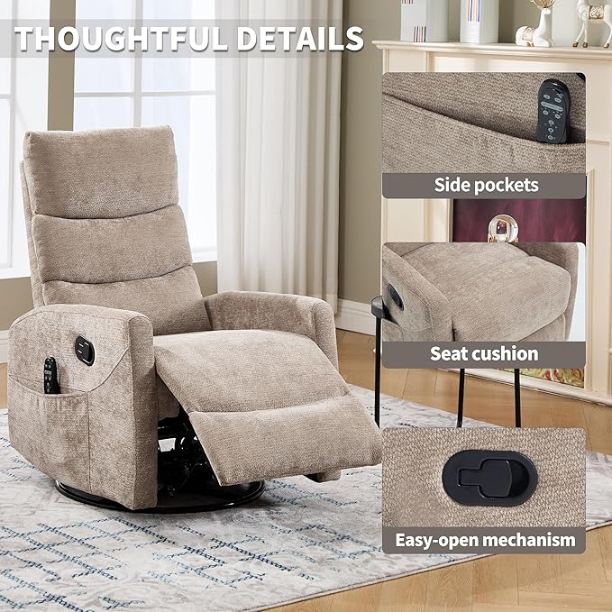 Manual Swivel Rocker Recliner Chair for Adults Overstuffed Reclining Glider Chair for Nursing with Vibration Massage &amp Heat Living Room Rocking Recliner 3-Stage backrest Chenille Fabric Khaqi