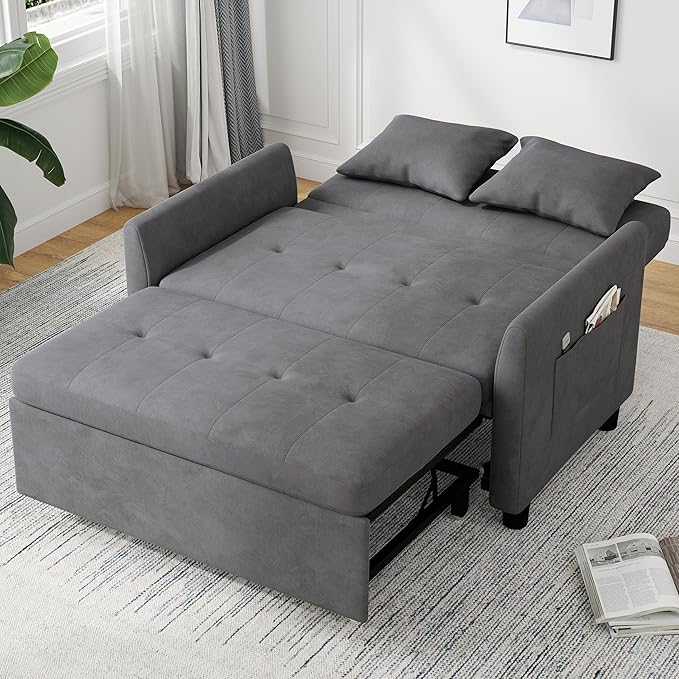 Sleeper Sofa Bed 3 in 1 Convertible Sleeper Couch Bed Pull Out Small Loveseat Sofa Futon Sofa Bed 46 Velvet Love Seat with Pillow and Phone Holder for Living Room Grey