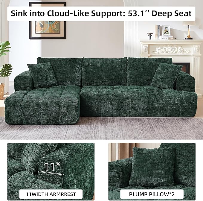 110 Inch Cloud Sectional CouchModern Upholstered Sofa with Deep SeatChenille Boneless Couches with L-Shape ChaiseSponge Compressed Couches for Living Room (Dark Green Left Facing Chaise)