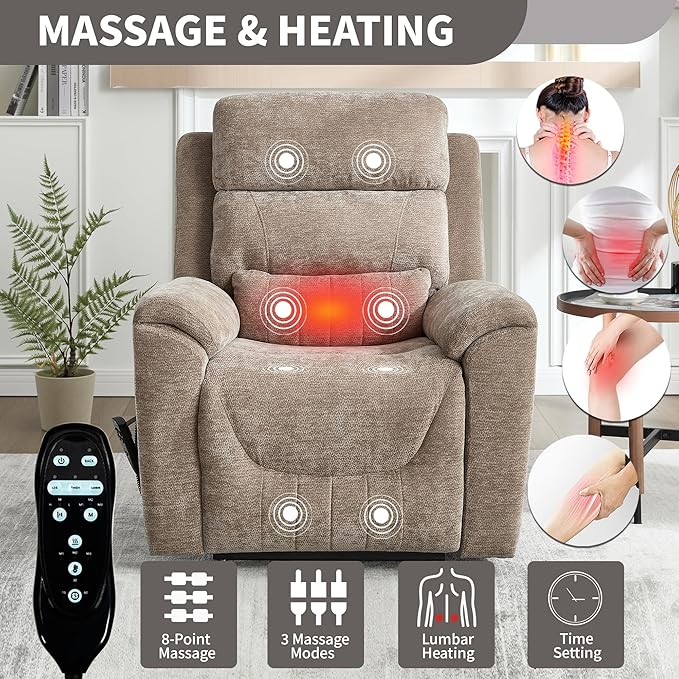 Power Lift Recliner Chair for Elderly People Dual Motor Lay Flat Recliner with Vibration Massage and Heat Heavy Duty Motion Mechanism Standing Assistance Reclining Chair Chenille Fabric Khaki